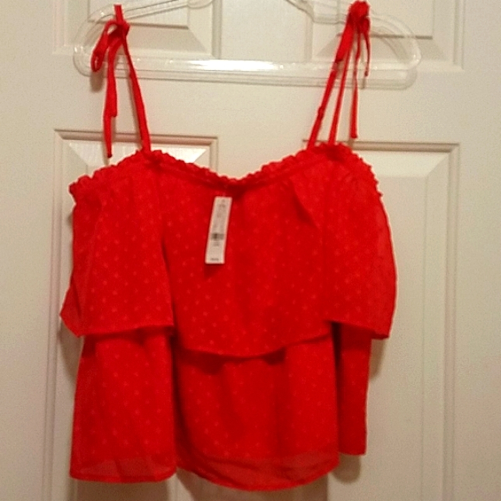 NY & Co. 7th Ave Design Studio Summer Ruffle Spaghetti Strap Red Top Size Large